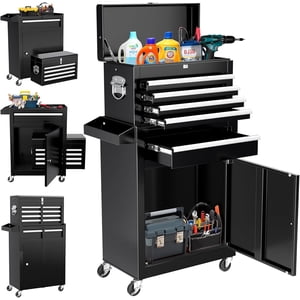 Poitrine à outils,5-Drawer Coffre d'outils à roulettes robustes avec boîte à outils amovible acier de rangement d'outil tiroirs coulissants roues verrouillables pour garage atelier outil mécanique Organisation noir