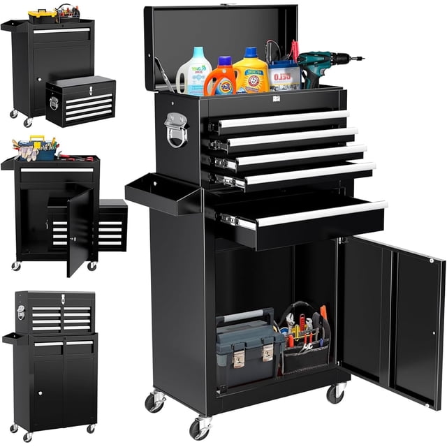 Tool Chest,5-Drawer Heavy Duty Rolling Tool Chest with Detachable Toolbox Steel Tool Storage Cabinet Sliding Drawers Lockable Wheels for Garage Workshop Mechanic Tools Organization Black