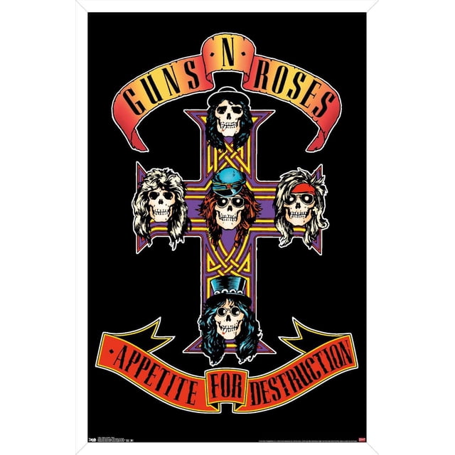 Guns N' Roses - Cross Wall Poster, 22.375" x 34" with a black background featuring a purple and yellow Celtic cross decorated with five skulls wearing various hats and hairstyles representing band members. The top banner displays 'Guns N' Roses' and the bottom banner reads 'Appetite for Destruction'. Suitable for music-themed wall art and fan room decor.