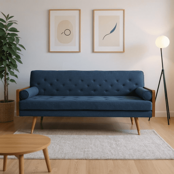 Homy Casa Mid-Century Modern Tufted Fabric Sofas Couches, Navy Blue