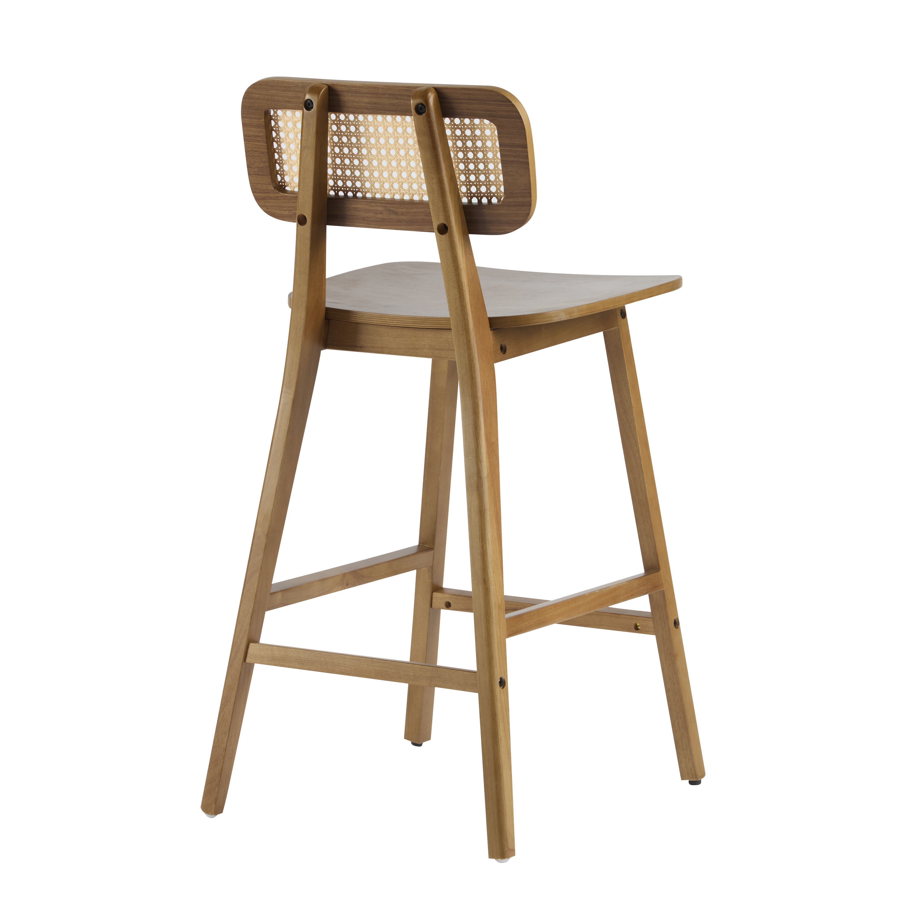 Ensemble de 2 tabourets de bar modernes Bari de Noble House, dossier en rotin, structure en bois, noyer
