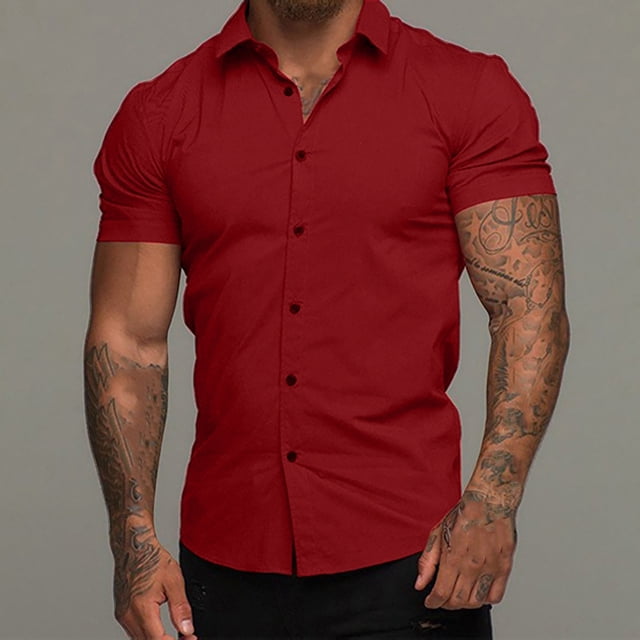 zanvin Chemises Hawaïennes Homme, Chemise Homme Décontractée Unie Ajustée à Col Rabattu Boutonnée à Manches Courtes pour Affaires, Mode Homme, Soldes d'Été, Rouge