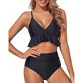 thumbnail image 1 of Women Two Piece Swimsuits High Waisted Ruffle Flounce Bikini V Neck Tummy Control Bathing Suit Solid Black (XL, 1 of 6