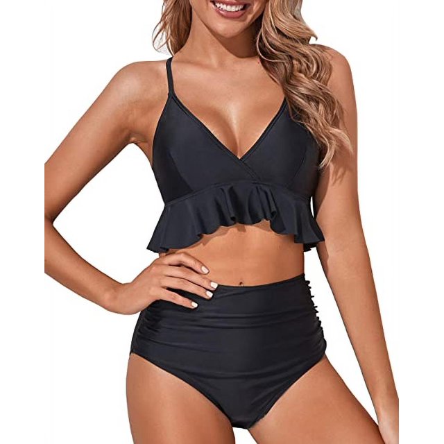 Women Two Piece Swimsuits High Waisted Ruffle Flounce Bikini V Neck Tummy Control Bathing Suit Solid Black (XL