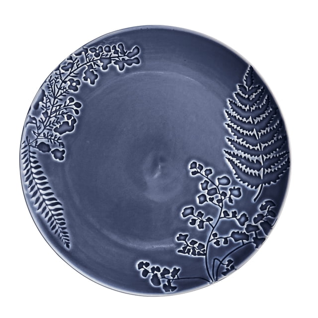 Better Homes & Gardens-Ellie Collection Blue Stoneware Dinner Plate with embossed botanical details on a blue reactive glaze, crafted from durable stoneware with a classic coupe shape, dishwasher and microwave safe, often used for serving appetizers or desserts.