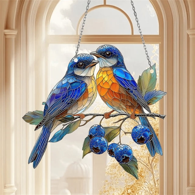 WHEANG Home Decor Blue Bird Stained Glass Window Hanging Bird On Branch Stained Glass Plate Suitable For Indoor Window Hanging