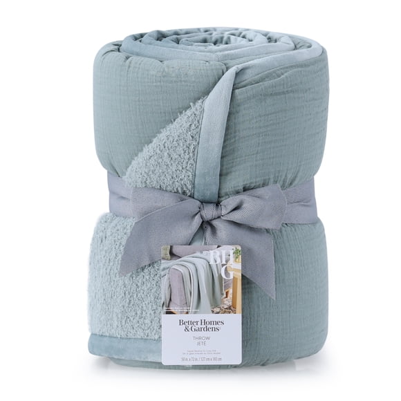 Better Homes & Gardens Gauze Reverse to Cozy Knit Throw Blanket Green river, 50"X72"