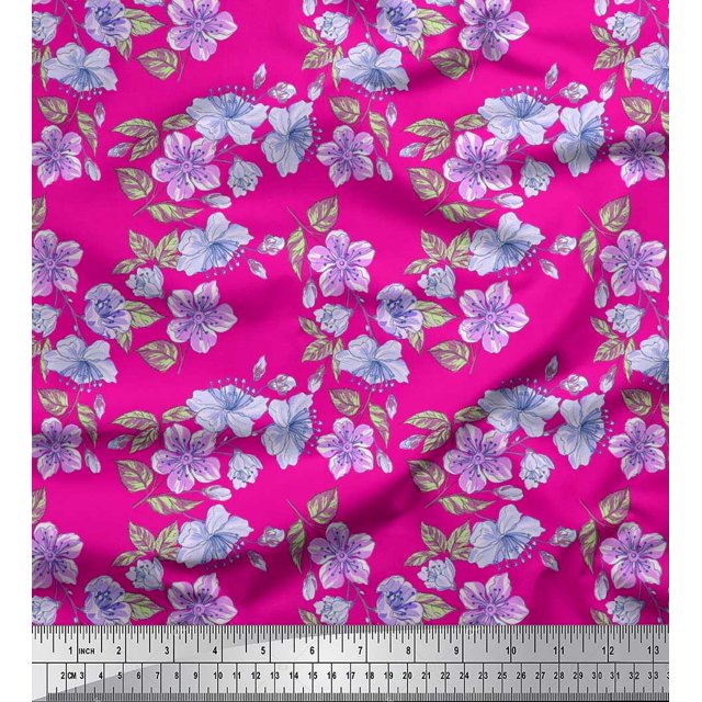 Soimoi Georgette Viscose Fabric Leaves & Buttercup Floral Printed Fabric 1 Yard 42 Inch Wide