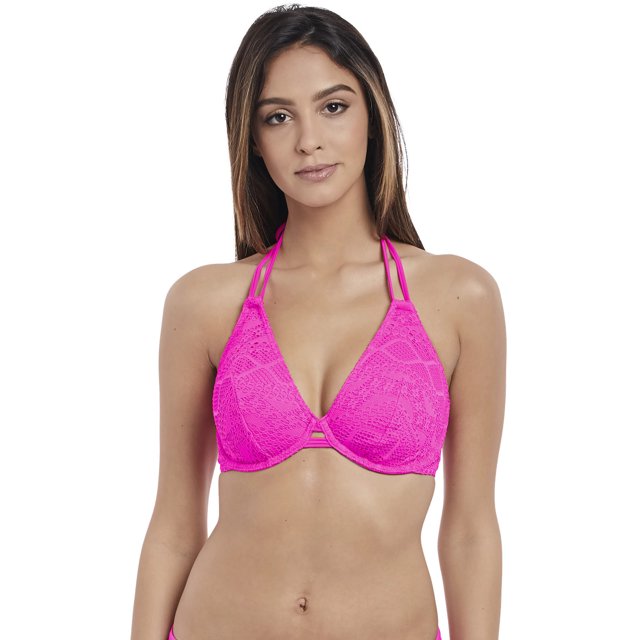 Freya Womens Sundance Underwire Bandless Halter Bikini Top, 30E, Hot Pink