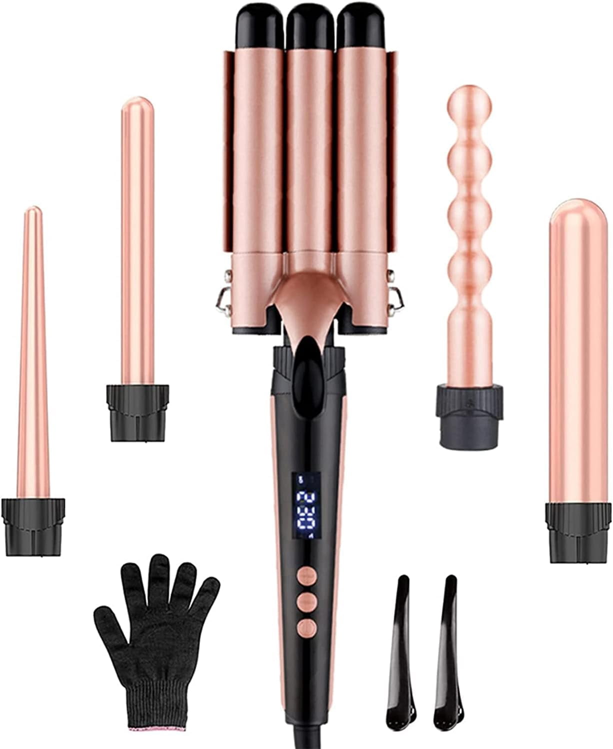 Curling Wand Iron 5-in-1 Multifunction Curling Tongs Set with Interchangeable Ceramic Coating Barrels Curling Wand for Long/Short Hair LCD Display for Different Size Curls and Waves