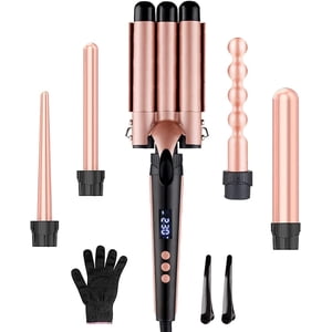 Curling Wand Iron 5-in-1 Multifunction Curling Tongs Set with Interchangeable Ceramic Coating Barrels Curling Wand for Long/Short Hair LCD Display for Different Size Curls and Waves