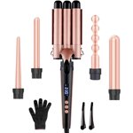 Laine de curling en fer 5-in-1 Set de Tongs de Curling multifonctions avec des barres de revêtement en céramique interchangeables Wand de curling pour cheveux longs/courts LCD Affichage pour les courbes et les vagues de différentes tailles