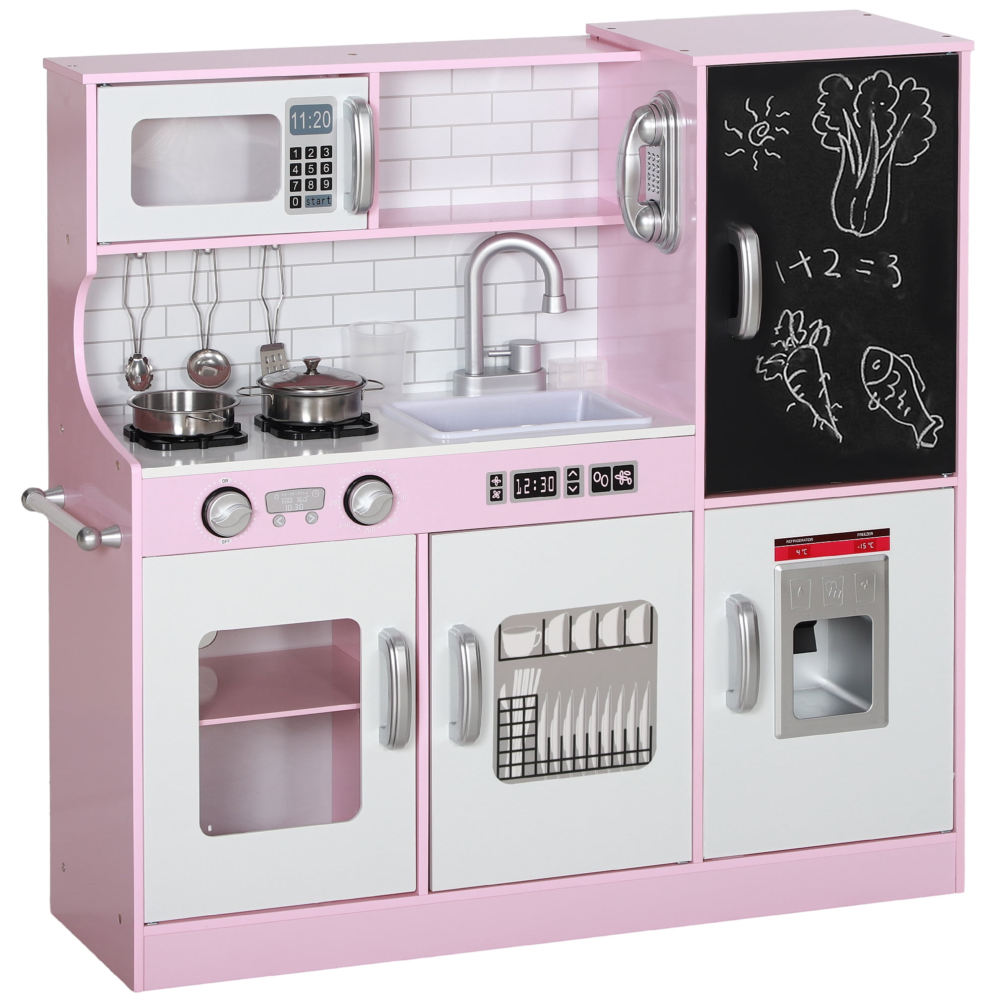 Qaba Play Kitchen for Kids, Kids Kitchen Playset w/ Chalkboard, Ice Maker