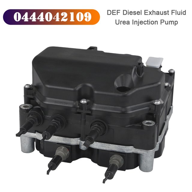 0444042109 DEF Diesel Exhaust Fluid Urea Injection Pump 12V for Volvo D11 D13. A black urea injection pump designed for diesel exhaust fluid systems, featuring multiple connectors and a durable housing. Suitable for Volvo D11, D13, D16 engines and Mack MP7, MP8, MP10 engines. Helps comply with NOx emission regulations by ensuring stable pressure and flow for urea injection. Includes heating and venting functions.