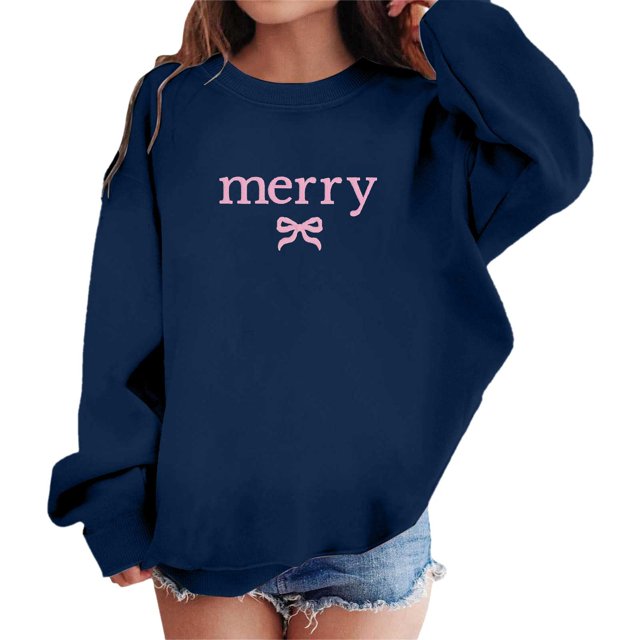 MIASHUI Chandail en Molleton pour Filles Imprimé Lettre Col Rond Décontracté à Capuche, Bleu Foncé, 3-4 Ans