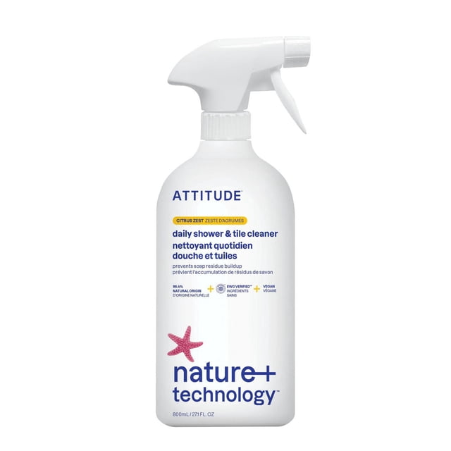 ATTITUDE Shower & Tile Cleaner spray, Citrus Zest, Nature+ Technology, 800ml white plastic spray bottle with blue and yellow text and a pink starfish graphic, formulated for daily use on wet shower and tile surfaces to prevent soap scum buildup, made with 94% natural origin ingredients, vegan and EWG VERIFIED™ for safe, effective bathroom cleaning in Canadian homes.