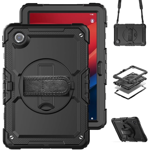 KOMI Case for Lenovo Tab K11 11'' 2024 / M11 TB330FU / Lenovo Xiaoxin Pad 2024 TB331FC, black silicone protective cover with reinforced inner shell. Features include a 360-degree rotating kickstand, ergonomic hand strap, detachable shoulder strap, and screen protector. Ideal for tablet protection and hands-free use.