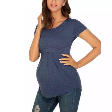 Dvkptbk T-Shirt de Maternité pour Femmes Haut Classique Vêtements de Grossesse pour Maman Vêtements de Maternité d'Été Col Rond Manches Courtes Volant Pli Hauts de Grossesse - Soldes d'Été Liquidation