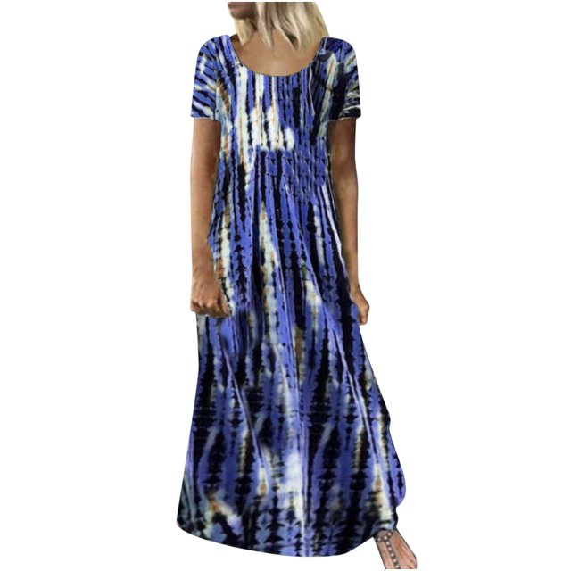 VEKDONE Liquidation 2025 Robe Longue Maxi Ample à Manches Courtes pour Femme Grande Taille Été Becah Décontractée Taille Empire Robe Fluide, Robes Hawaïennes pour Femmes