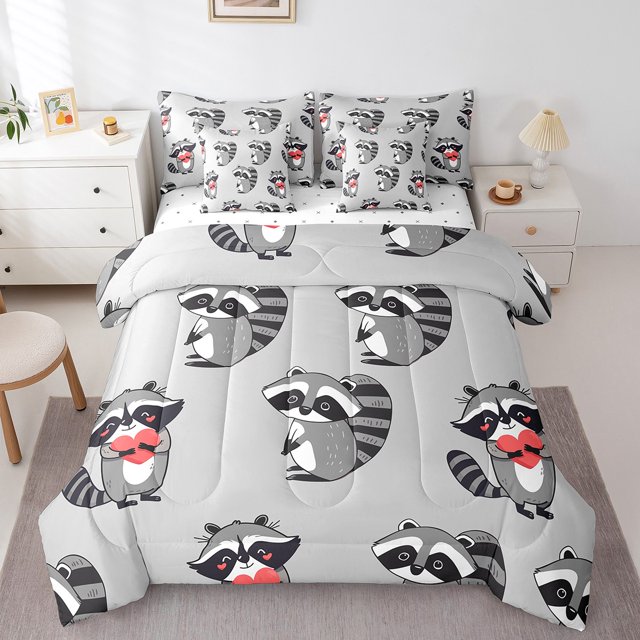 Ensemble de couette de raton laveur gris YST 7 pièces, reine – Cartoon Wildlife