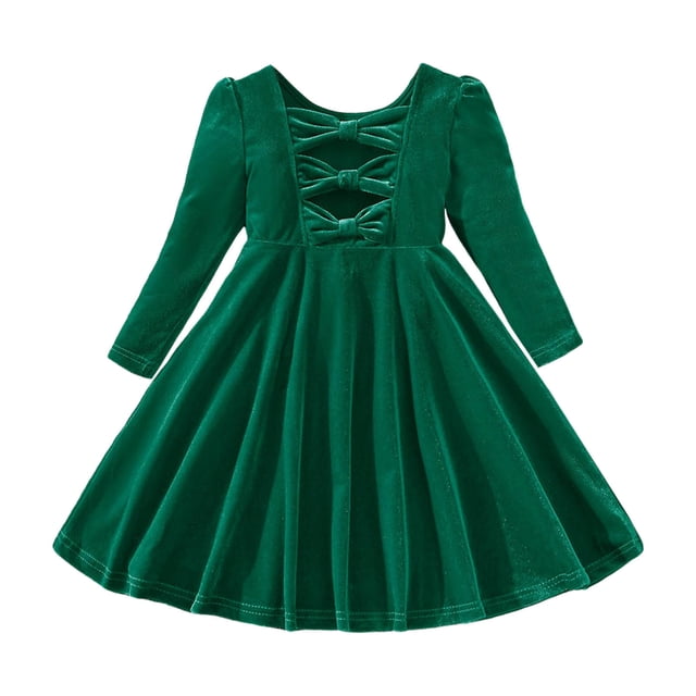 LUOGENLI Robe Fillette Tout-Petits Manches Longues Robes Nœud Ajouré Robe Princesse Vêtements Jupe Maxi avec Poches Vert 4-5 Ans