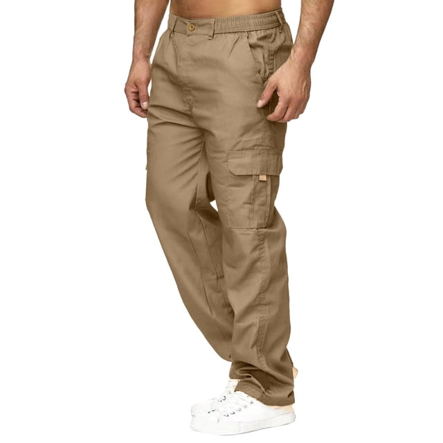 Men Cargo Pants Male Versatile All Season Cargo Pants Multi Pocket Zip Button Hem Solid Color Plus Size Trousers Men Pants Khaki M