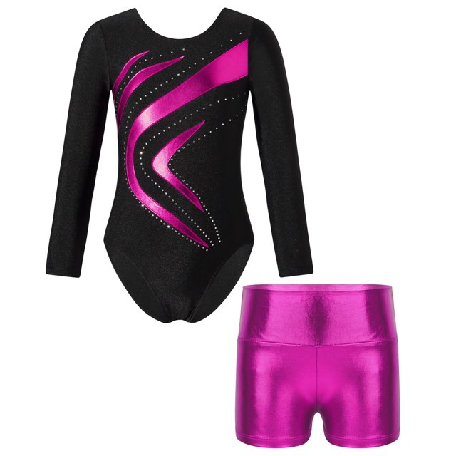 TiaoBug Girls 2Pcs Rhinestone Tracksuit Long Sleeve Gymnastics Dance Outfit Leotard with Shorts Unitard C06 14