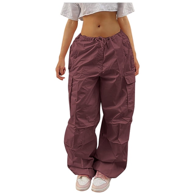 Bmisegm Women's Plus Size Tethered Straight Cargo Pants, Red, L