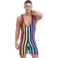 thumbnail image 2 of Zaldita Men's Striped Sleeveless Boxer Shorts Leotard Deep U Neck Racerback Slim Fit Rompers Rainbow 3XL, 2 of 6