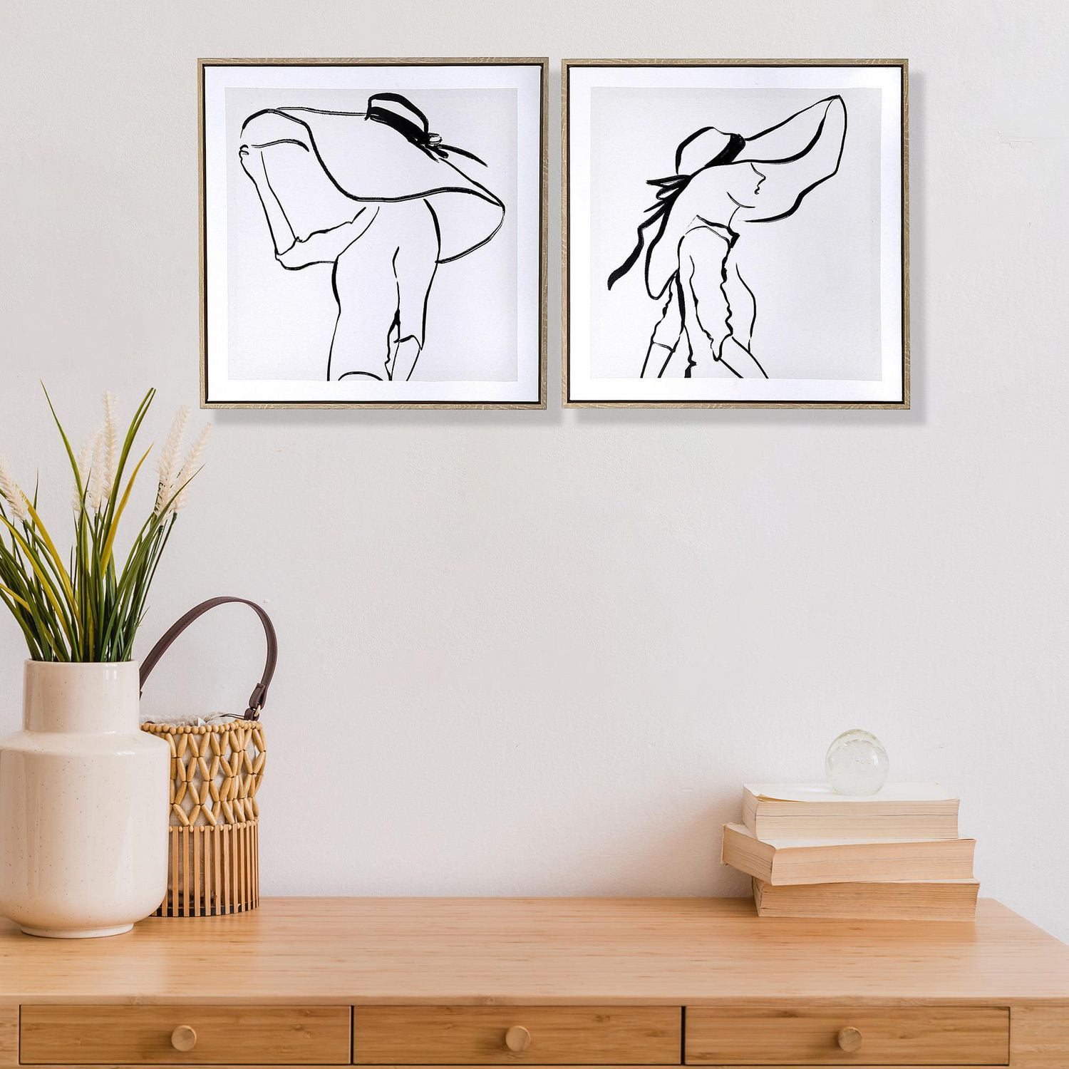 Framed Canvas Wall Art Lady In Large Hat - Set of 2