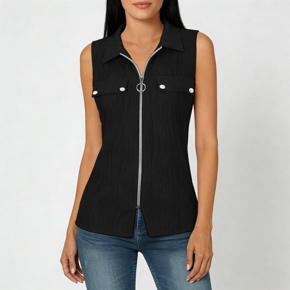 Abcnature Women's Sleeveless Zip Up Shirt Collared V Neck Button Down Blouse Tops Solid Color Ribbed Tank Tops