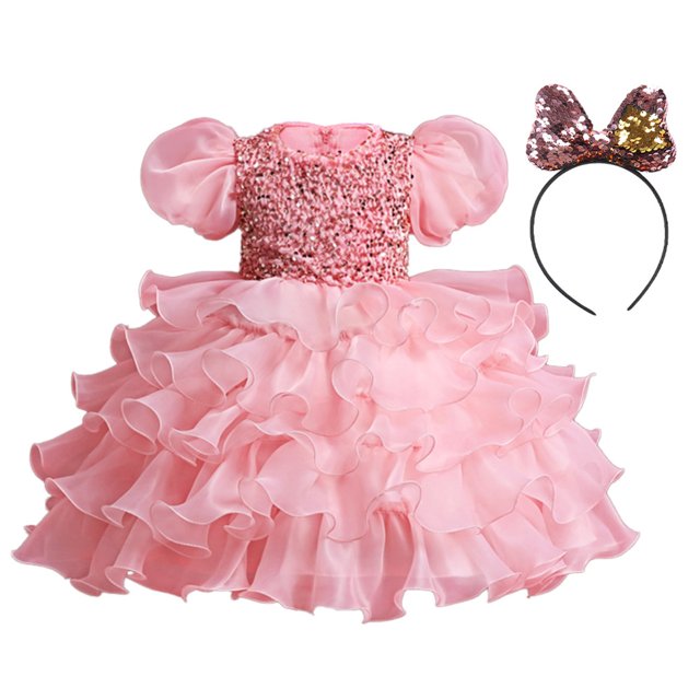 Robes de Princesse pour Fillettes Robe de Bal d'Anniversaire Manches Bouffantes Robe à Sequins en Tulle + Bandeau