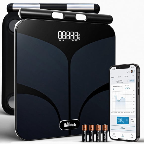 Bisonbody Balance Corporelle Numérique Intelligente – 29 Indicateurs de Santé – pour les Amateurs de Mise en Forme Avancés – Verre Trempé Durable – 8 Électrodes Capteurs à Haute Sensibilité – Connexion via Application pour Téléphone Intelligent