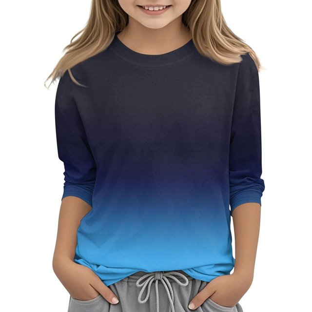 MKOSPLRT Hauts à Manches 3/4 pour Filles Col Rond T-Shirts Décontractés Tuniques Dégradées Mode T-Shirts Doux pour Sortir Blouses Confortables en Liquidation