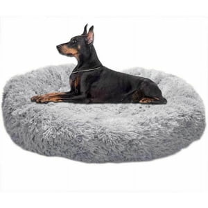 Plush Lit de chien, lit de donut apaisant avec murs élevés pour le soutien, fond antidérapant pour la sécurité, lit en faubourg autochauffant pour les grands chiens (L-80Cm)