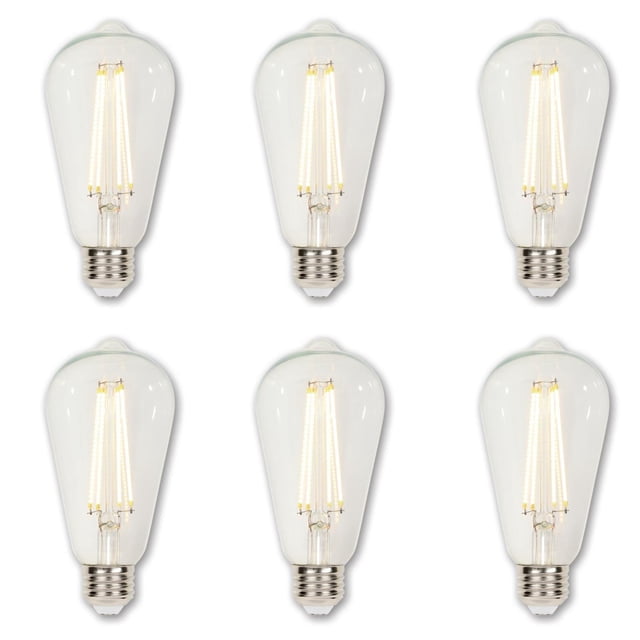 Westinghouse Lighting 4.5 Watt ST20 Dimmable Filament LED Light Bulbs (6-Pack) showing six clear glass bulbs with visible vertical LED filaments and silver E26 medium bases, producing 40-watt equivalent soft white light suitable for decorative indoor and outdoor fixtures.