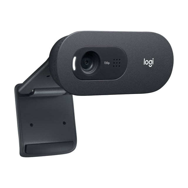 Logitech C505e Caméra Web Présentant un design compact et Rectangulaire avec une Finition Noir Mat. la Caméra Web Comprend un Objectif HD 720p avec Mise au Point Automatique et la Technologie Logitech RightLight pour une Vidéo Claire dans Diverses conditions d'Éclairage. Elle Est Montée sur un clip Ajustable pour une Fixation Facile aux Moniteurs Ou aux Ordinateurs Portables. le logo Logitech Est visible à l'Avant.