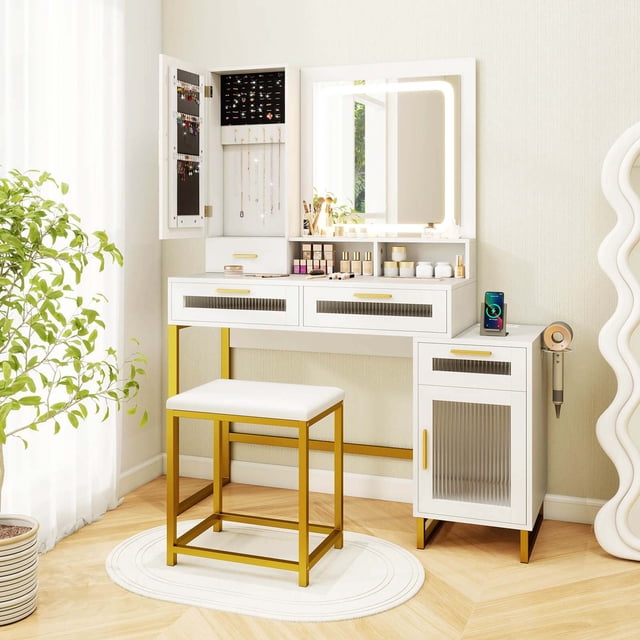 Costway Ensemble de Coiffeuse Moderne avec Miroir et Lumières, 3 Modes d'Éclairage et Luminosité Réglable