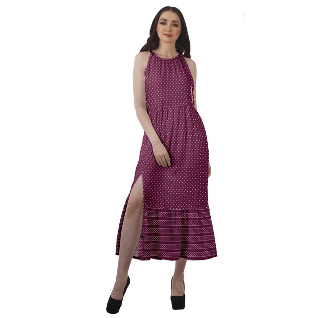Moomaya Robe Imprimée Femme Fête Mariage Tenue de Fête Col Licou Robe Maxi en Rayonne
