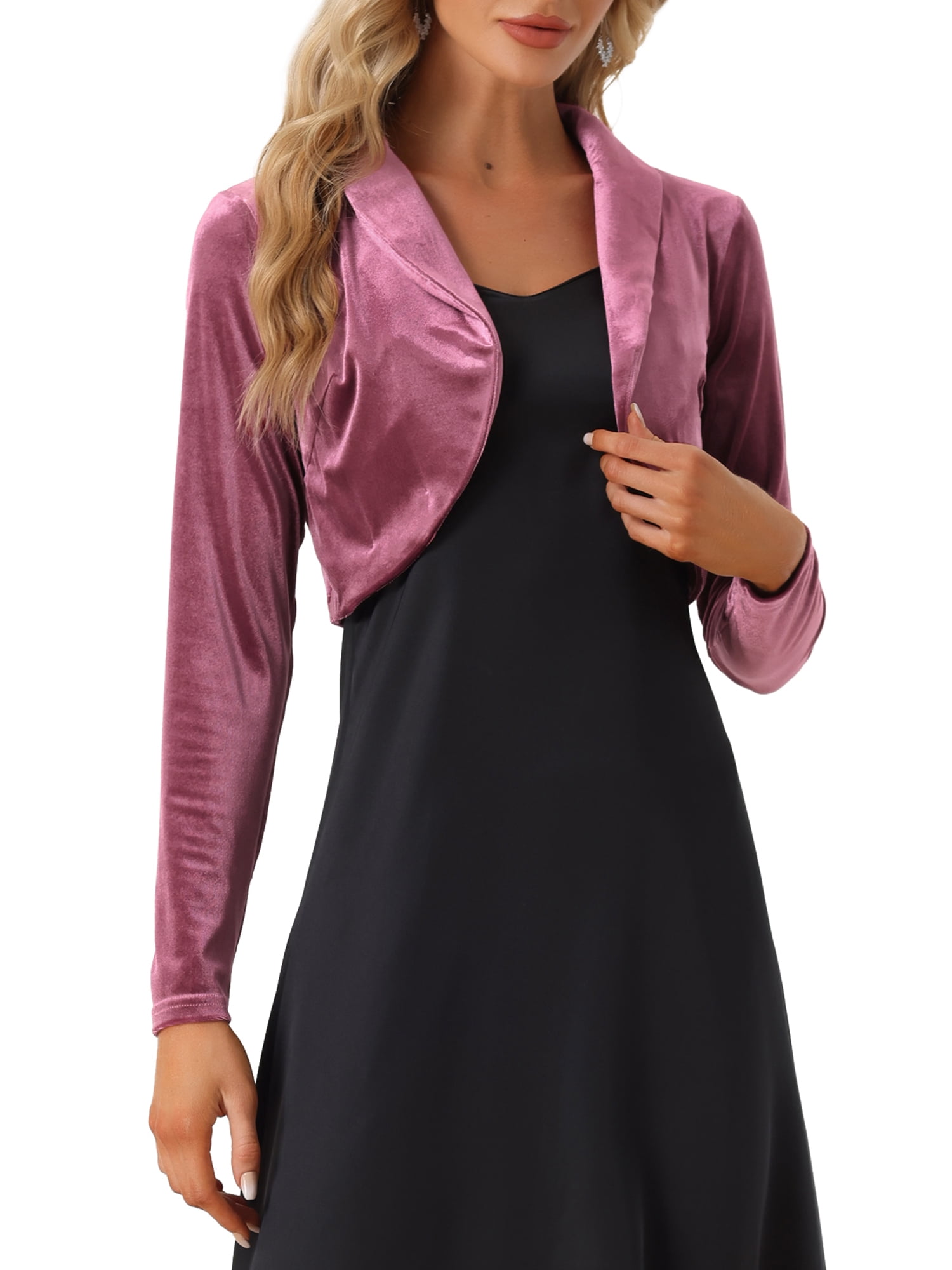 INSPIRE CHIC Boléro Court en Velours à Col à Revers Ouvert à Manches Longues pour Femme TP Violet