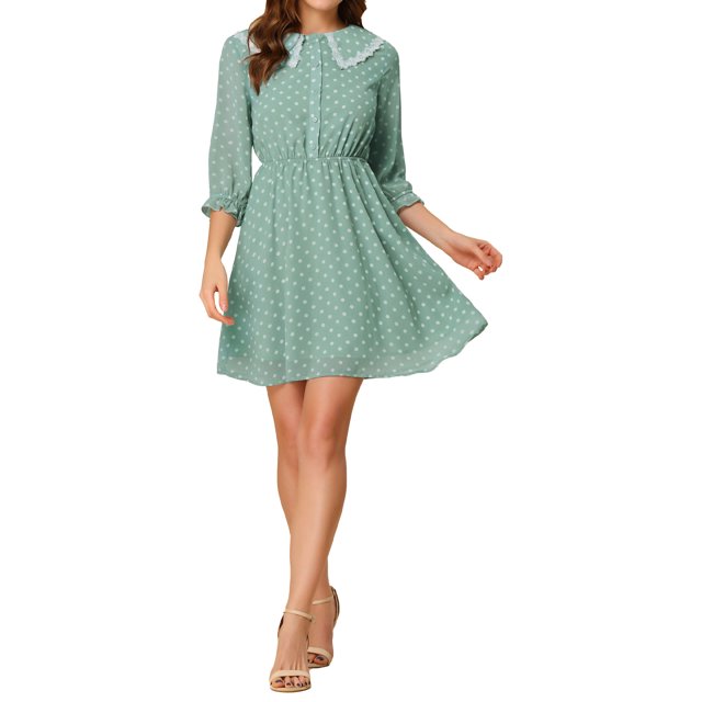 Unique Bargains Robe à Manches 3/4 à Volants avec Col Rabattu et Imprimé Étoiles et Pois pour Femmes