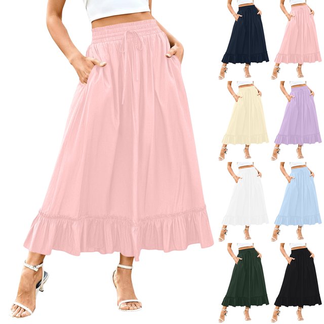 Bovxnpu Plus Size Skirts For Women, Womens Summer Midi Skirts Ruffle Flowy A-Line Long Skirt with Pockets, Womens Elastic Waist Drawstring Pleated Mid Skirt S