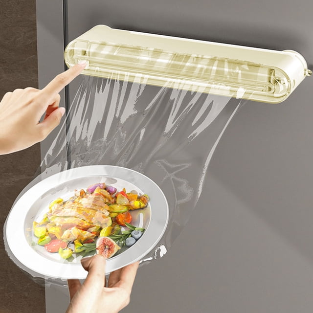 Refillable Plastic Wrap Dispenser with Cutter | Aluminum Foil & Baking Paper Dispenser | Magnetic Base for Fridge or Countertop | White, Gray, Beige