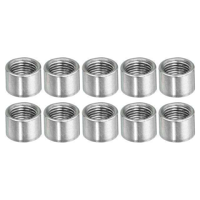 Unique Bargains Round Coupling Nut M10x1mm 10mm Threaded Sleeve Connector Rod Bar Stud Tube 10 Pack. The image displays ten silver carbon steel coupling nuts with a smooth finish. Each nut features an M10 thread size with a 1mm pitch, measuring 13x10mm in outer diameter and length. Ideal for connecting threaded pipes, they are commonly used in light fixture repairs, such as ceiling lamps and chandeliers, or for DIY projects.