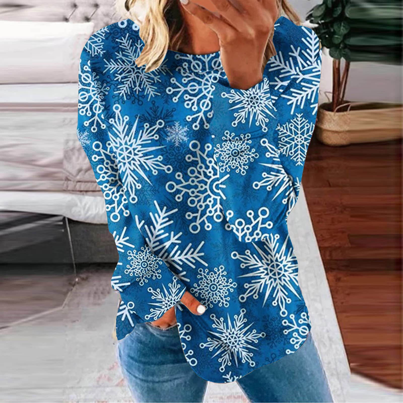Costumes de Noël en Liquidation Col Rond Mode Décontractée Manches Longues Chandail à Imprimé de Noël Hauts Blouse Chandail Grande Taille pour Femmes