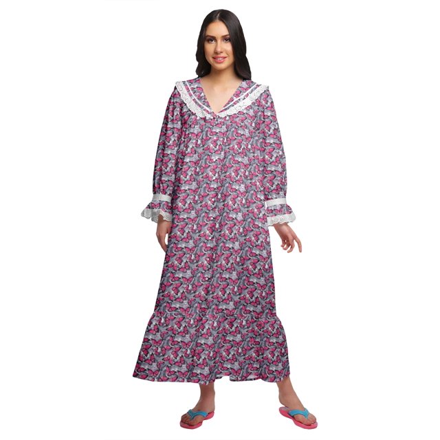 Moomaya Robe de Nuit Maxi pour Femmes en Coton à Col en V Imprimé avec Bordure Volantée