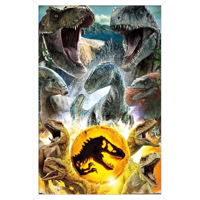 Jurassic World: Dominion - Group Wall Poster, 22.375" x 34" features a front-facing view of multiple dinosaurs including two roaring Tyrannosaurus rex at the top and several velociraptors around a glowing orange circular emblem with a black T. rex silhouette, set against a mountainous background. This glossy wall art print is suitable for decorating bedrooms, offices, or dorm rooms.