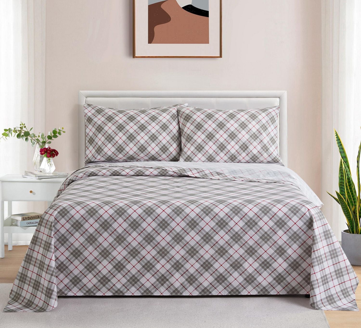 Literie Marina Décoration imprimée 600 fils/cm², douce et profonde, en percale de coton à fibres longues, toutes saisons, motif tartan gris et blanc
