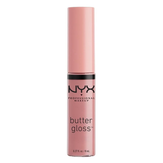 NYX Professional Makeup Butter Gloss lip gloss in an 8 mL tube with a soft pink cap and matching pink gloss, featuring black branding text, offering a buttery soft, non-sticky formula that provides sheer to medium coverage and a smooth finish, suitable for layering over lipstick or wearing alone.