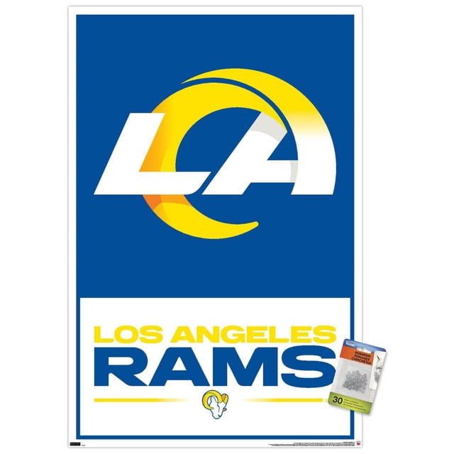 NFL Los Angeles Rams - Affiche Murale Logo 21, 22,375 Po x 34 Po Encadrée, Affichant le Logo La Blanc et Jaune sur un Fond Bleu au-Dessus du Texte Audacieux Jaune et Bleu « Los Angeles Rams » avec une Petite Icône de Tête de Bélier en Dessous, Conçue pour l'Art Mural et à Accrocher Facilement dans Diverses Pièces.